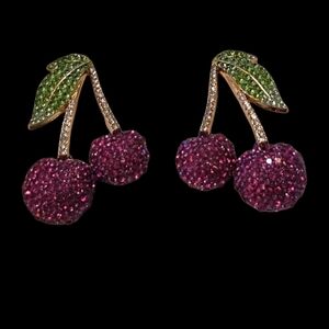 🍒BOGO* BaubleBar Micro-Pavé Crystal Cherry Earrings w/ Ombré Green Leaves NWT&B